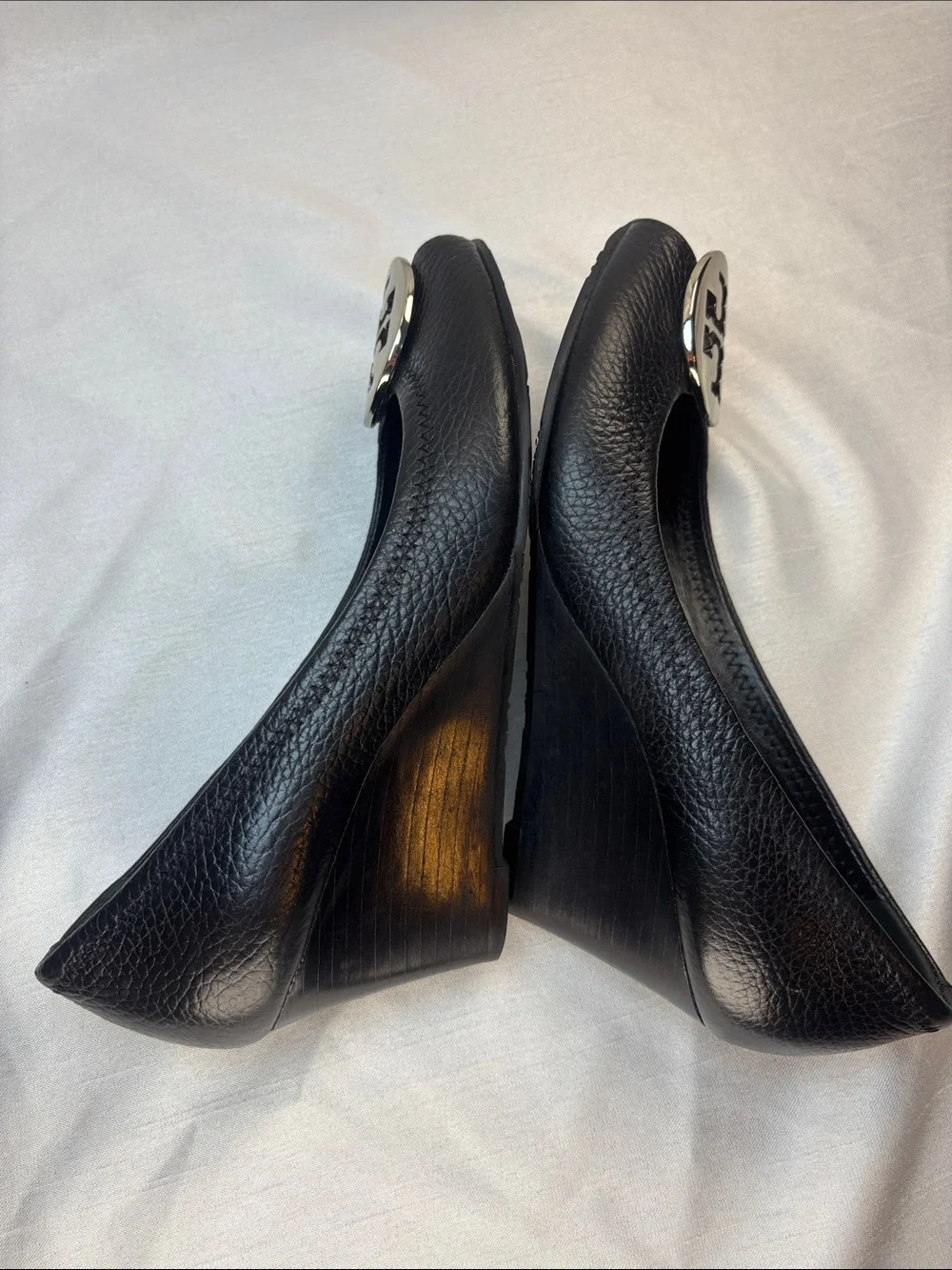 Tory Burch Black Leather Peep-Toe Wedges with Silver Logo Medallions